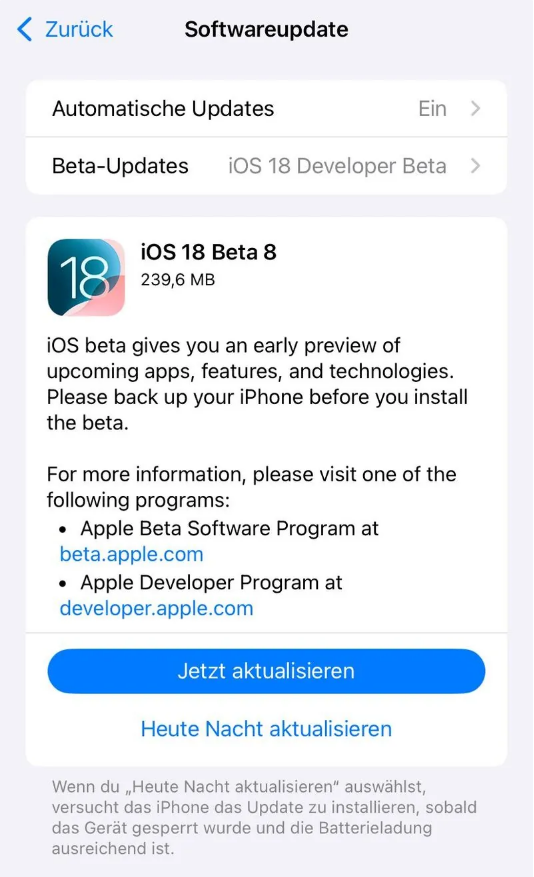 甘德苹果手机维修分享苹果 iOS / iPadOS 18 开发者预览版 Beta 8 发布 